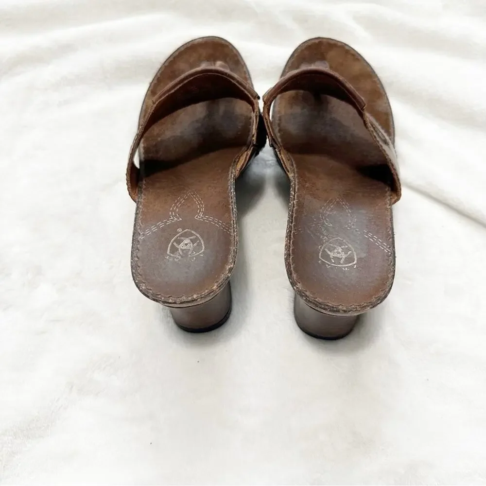 Ariat Brown Leather Sandals t strap with Silver Accent size 9 wedge cowgirl